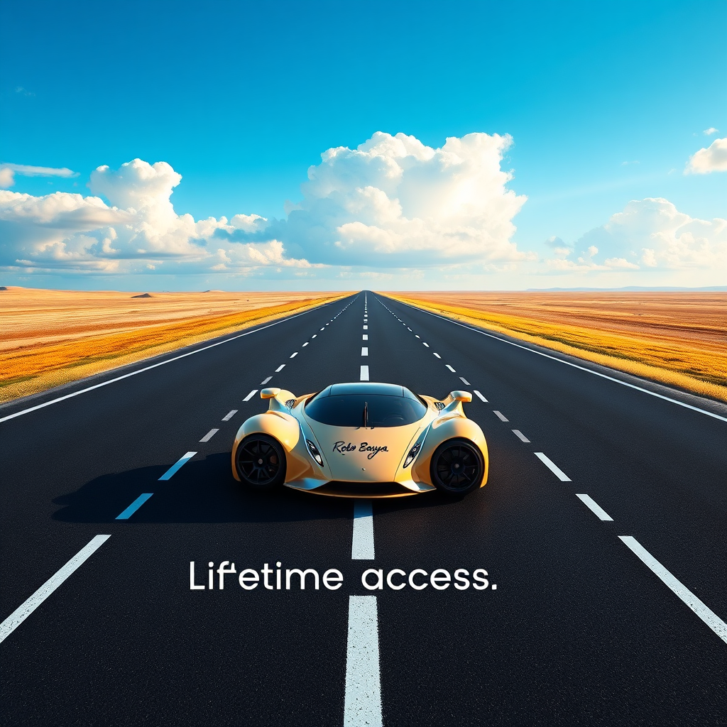 A stylized image of a never-ending road stretching into the horizon, symbolizing 'lifetime access'. A futuristic, sleek car with the Robo Bayya logo is driving on the road. The sky is a vibrant blue with soft, fluffy clouds. This should evoke a sense of limitless possibilities and enduring value. 4K resolution.