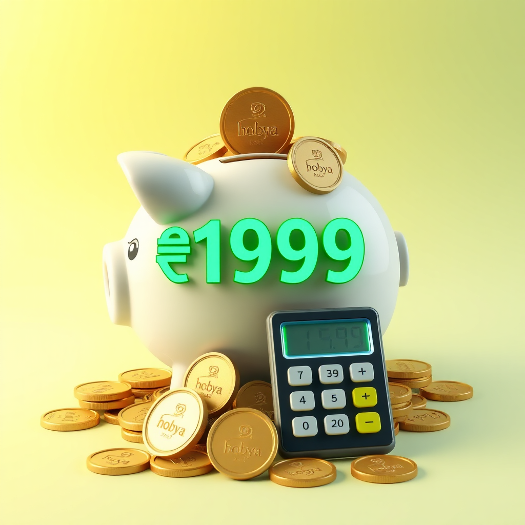 A stylized image of a piggy bank overflowing with coins. The coins have the Robo Bayya logo engraved on them. A calculator displays '₹1999' in bright green. The background is a solid color gradient transitioning from light green to gold. This should convey the idea of incredible value and savings. 4K resolution.