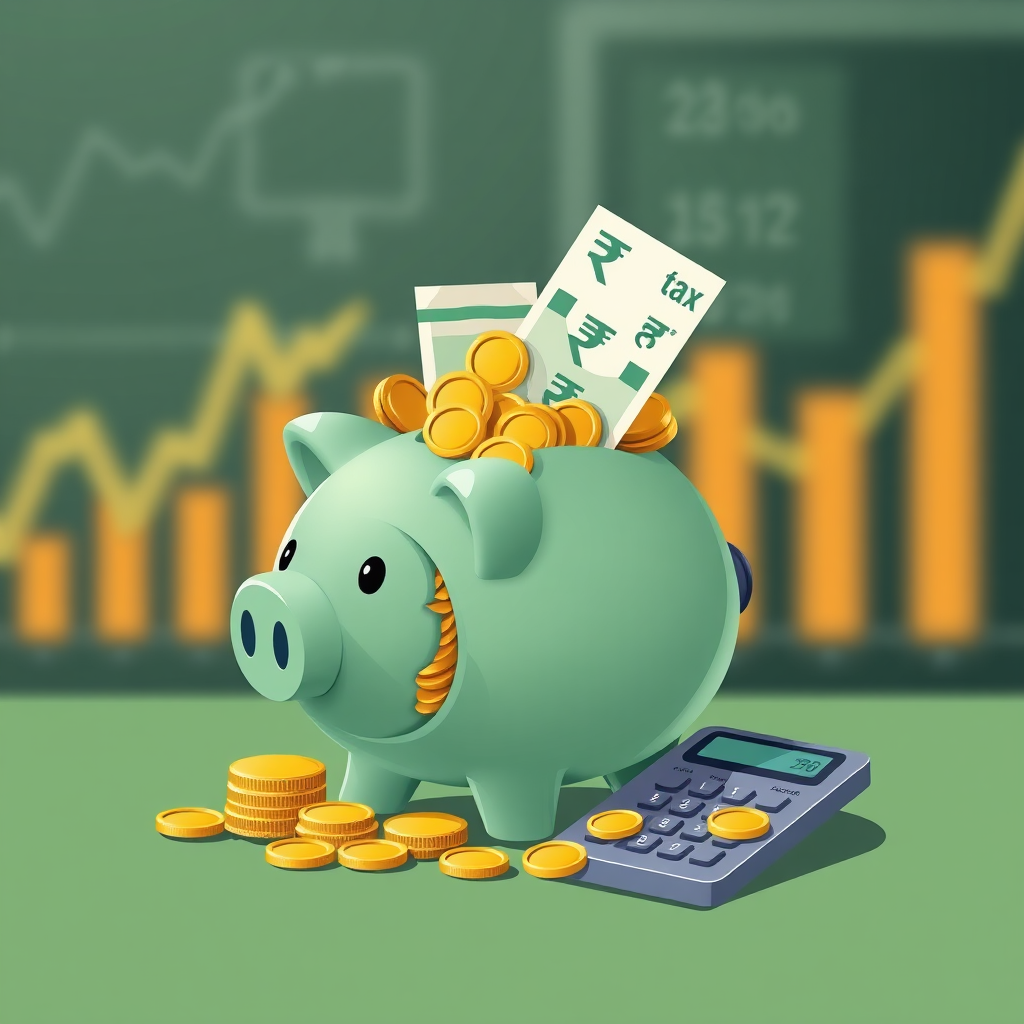 A stylized image of a piggy bank overflowing with coins and rupee notes, with a tax return form peeking out from underneath. A calculator is placed beside the piggy bank. The background is a blurred image of financial charts and graphs. The color palette is predominantly green and gold, symbolizing wealth and prosperity. Style: Minimalist illustration with a focus on key elements. Technical specs: 4K resolution, high quality detailing.