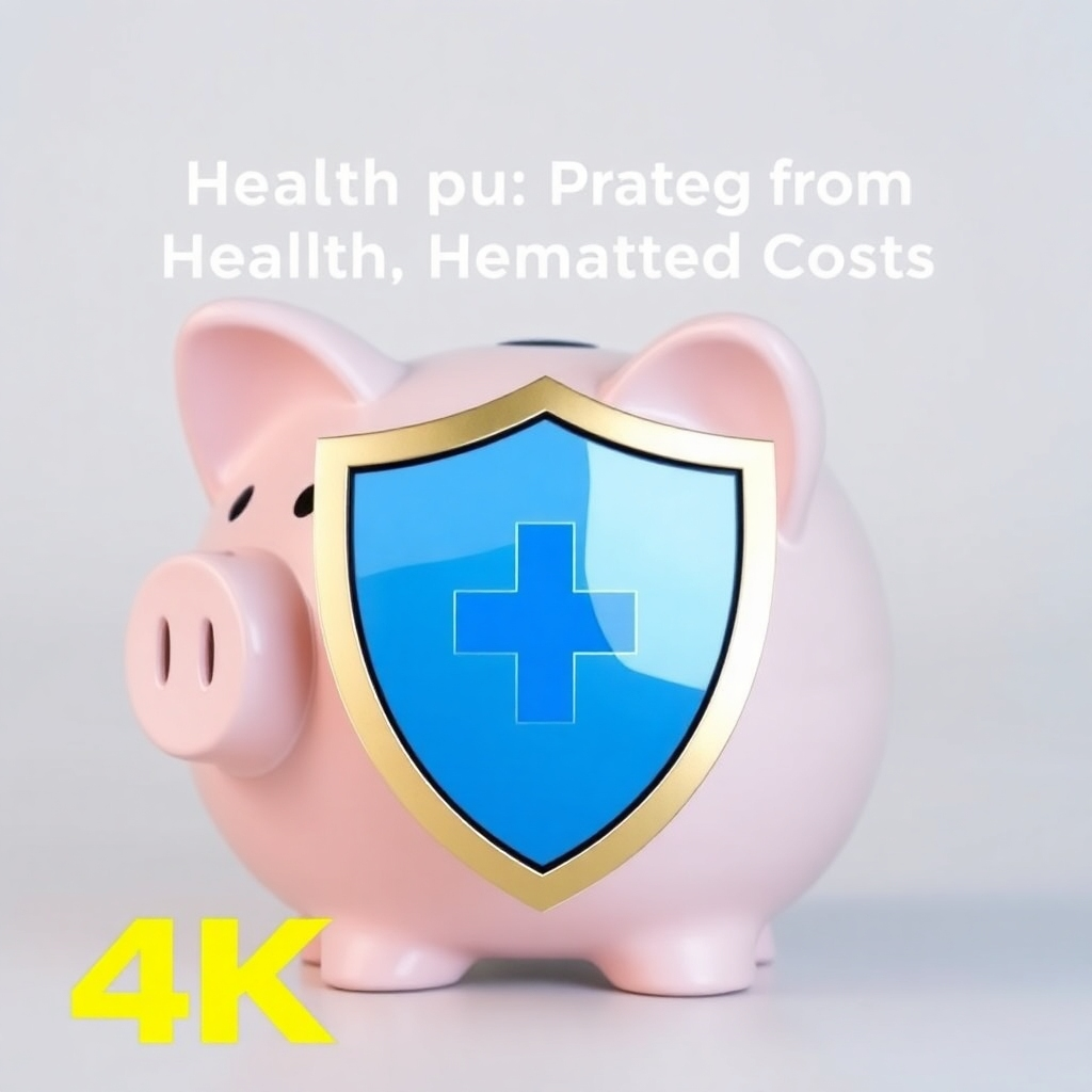 A stylized image of a piggy bank with a shield in front of it, symbolizing financial protection from health-related costs. Clean and professional design. Close-up shot, focus on the shield and security. 4K Resolution, High Quality.
