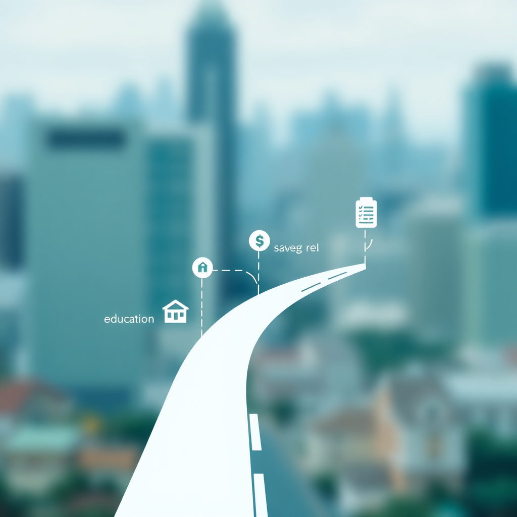 A stylized image of a roadmap with various financial milestones marked along the way, such as buying a home, saving for retirement, and paying for education. The background is a blurred image of a cityscape. The color palette is predominantly green and blue, symbolizing growth and stability. Style: Minimalist illustration with a focus on navigation. Technical specs: 4K resolution, high quality detailing.
