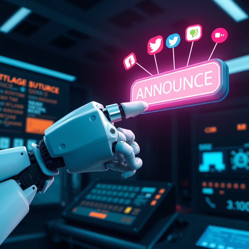 A stylized image of a robot arm pressing a large, illuminated button labeled 'ANNOUNCE'. Social media icons are projected onto the robot arm. The background is a dark, futuristic control room. This should evoke a sense of automation and efficiency. 4K resolution.