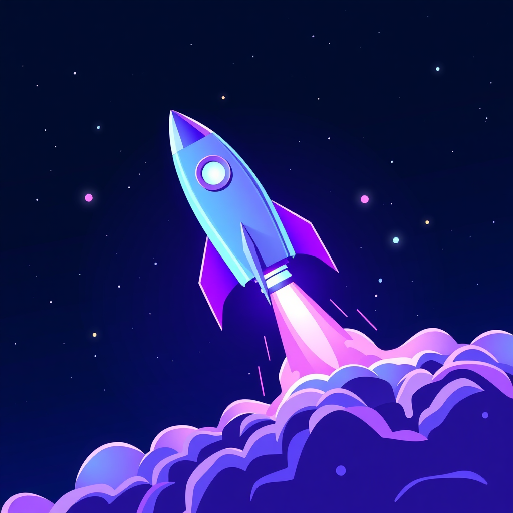 A stylized image of a rocket ship launching into space, powered by an AI brain. The background is a starry night sky. The color palette is vibrant and exciting, with a focus on purple and blue. 4K resolution, high quality.