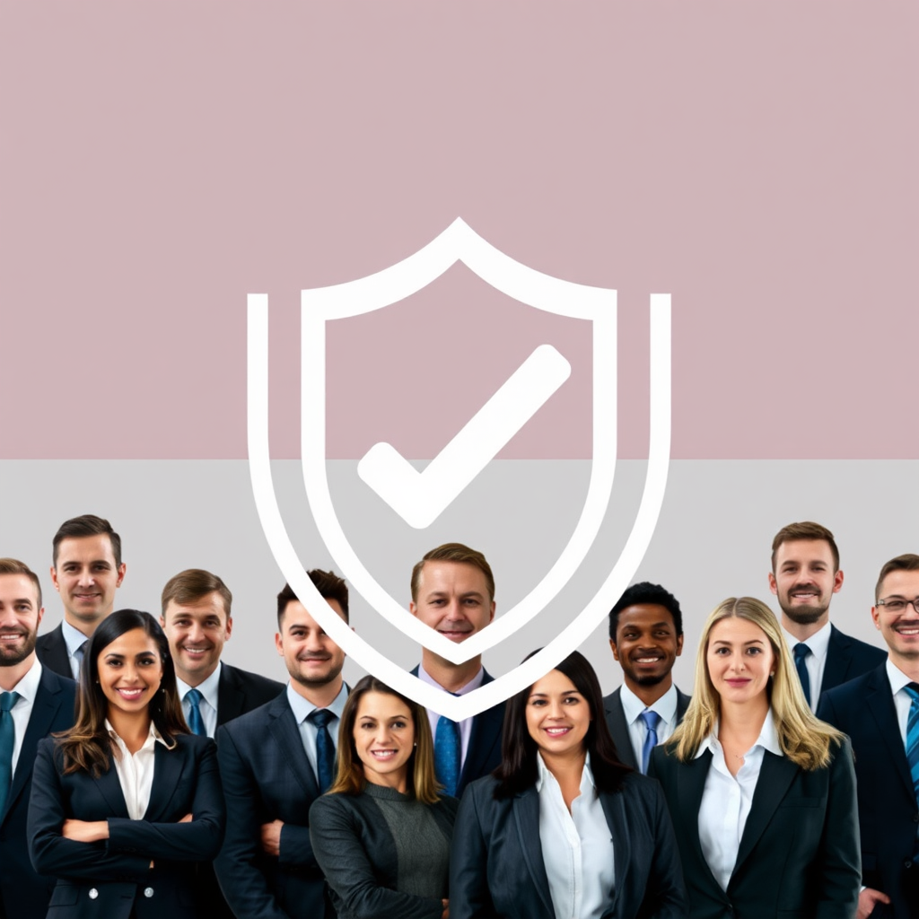 A stylized image of a shield with a checkmark inside, superimposed over a group of diverse professionals in business attire. The image conveys trust and reliability.