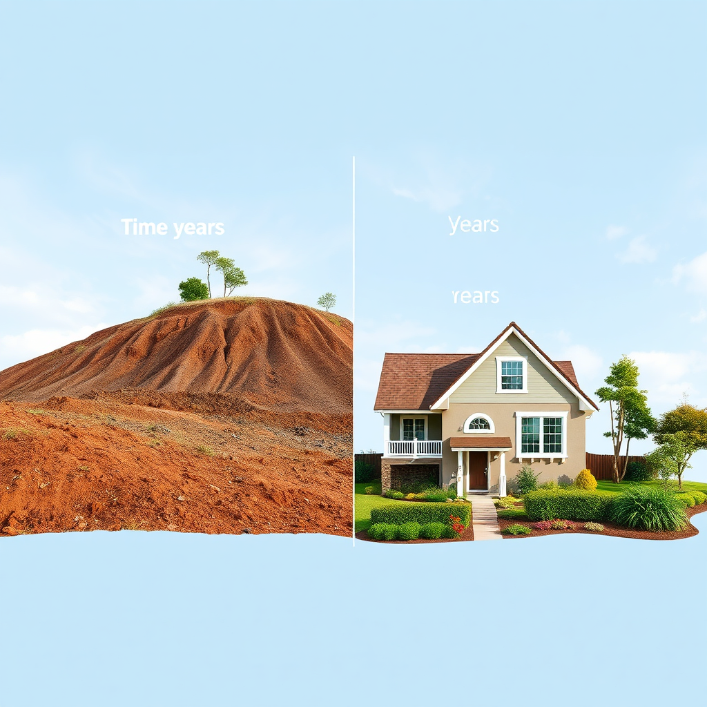 A stylized image of a time-lapse showing a plot of land transforming from barren ground to a thriving home with lush landscaping over several years. The colors are vibrant and convey growth and prosperity.