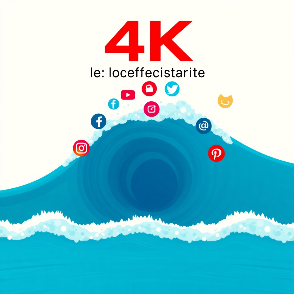 A stylized image of a wave spreading out from a single point, with each crest of the wave displaying different social media logos. The background is a vibrant blue ocean. This shows a broad and effective reach. 4K resolution.