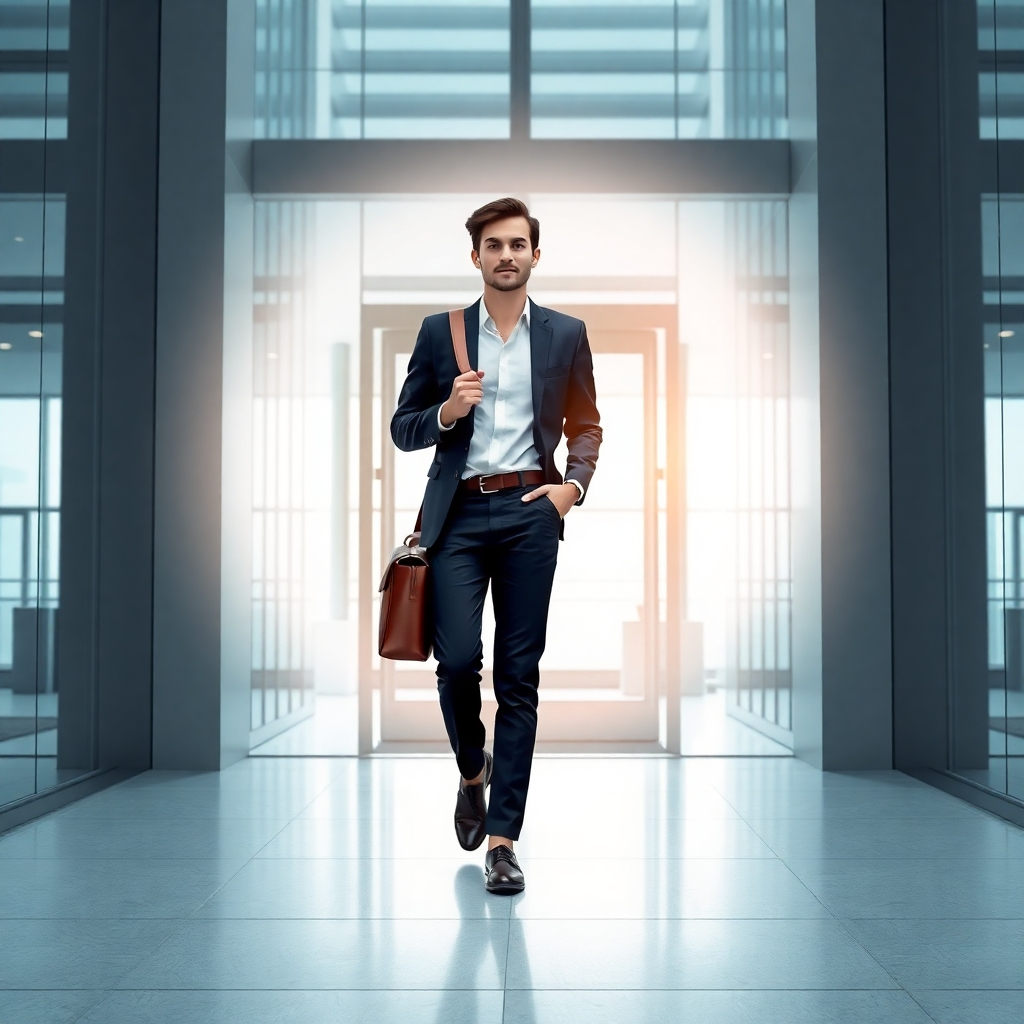 A stylized image of a young professional confidently walking into a modern office building. A subtle, protective aura surrounds them, representing health and security. Clean, modern design. Medium shot. Focus on the individual's confidence. 4K resolution, high quality.