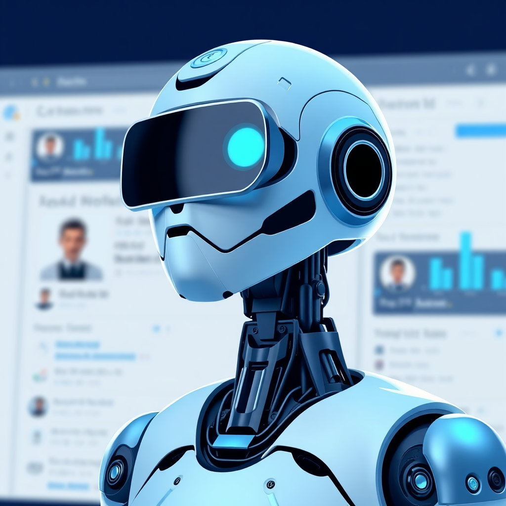 A stylized image of an AI bot analyzing and improving a professional profile. The background is a clean, modern interface. The color palette is cool and professional, with a focus on blue and white. 4K resolution, high quality.
