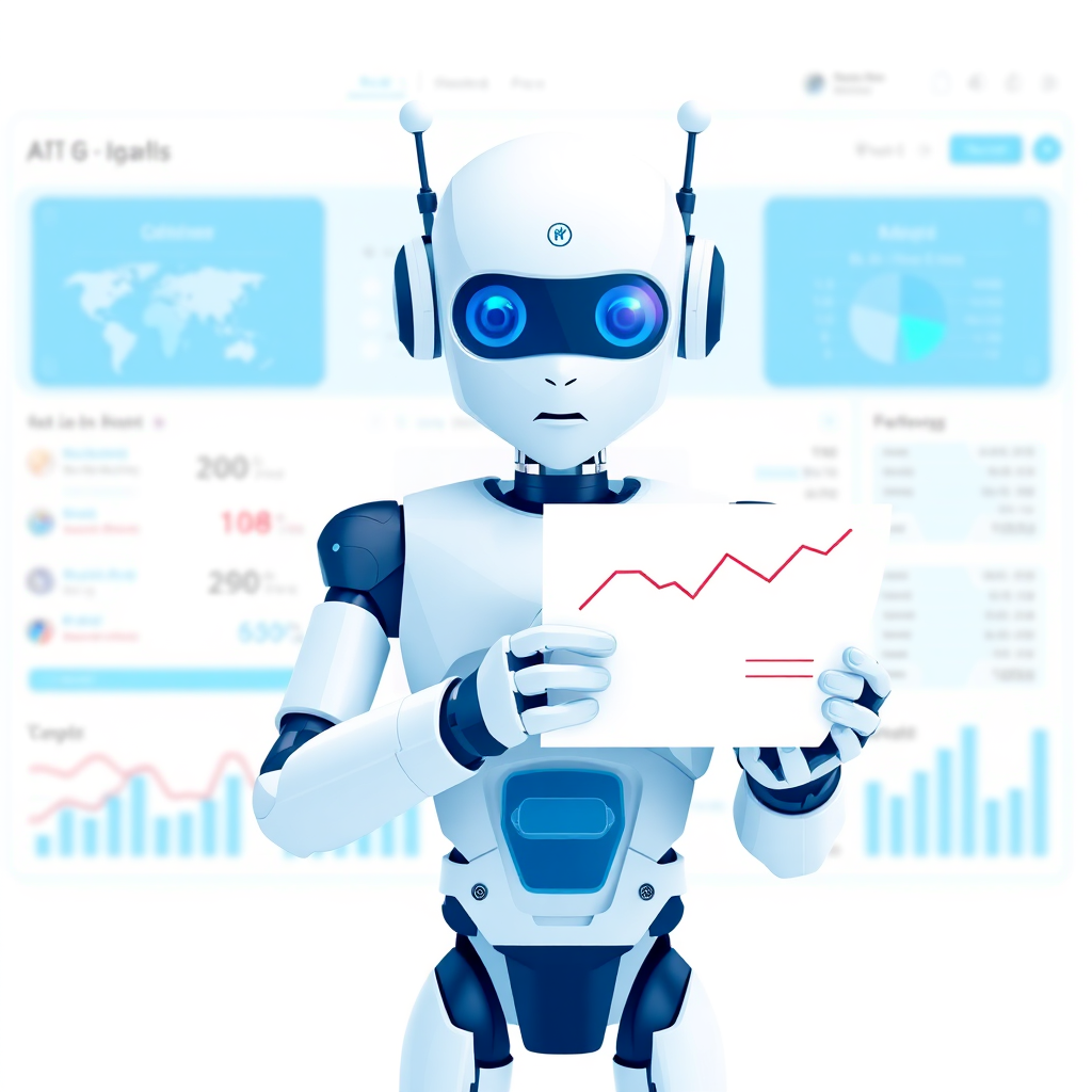 A stylized image of an AI bot analyzing data streams and generating reports, optimizing for local SEO. The background is a clean, modern interface. The color palette is cool and professional, with a focus on blue and white. 4K resolution, high quality.