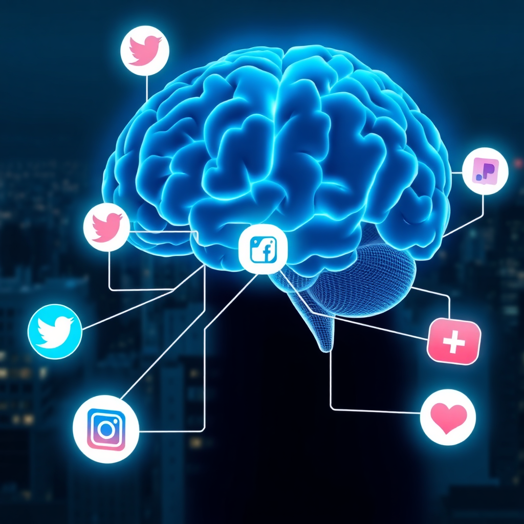 A stylized image of an AI brain connecting to various social media platforms. The brain is glowing with a soft, blue light, symbolizing intelligence and connectivity. The background is a dark, futuristic cityscape. 4K resolution, high quality.