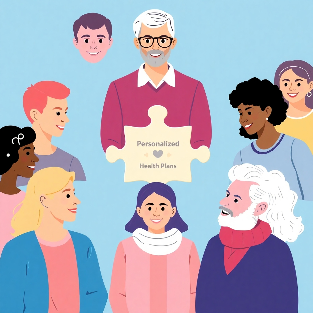 A stylized image of different people (young, old, diverse backgrounds) with puzzle pieces that represent personalized health plans fitting together. Bright colors, clean design. Medium shot, focus on the diversity and customization. 4K Resolution, High Quality.