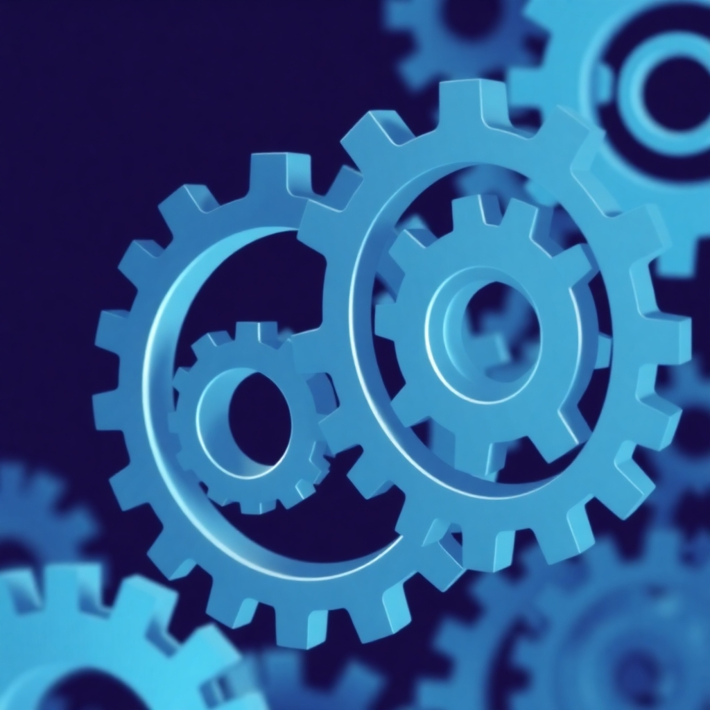 A stylized image of interconnected gears smoothly turning, representing automated processes. Use cool colors and sharp lines. 4K resolution
