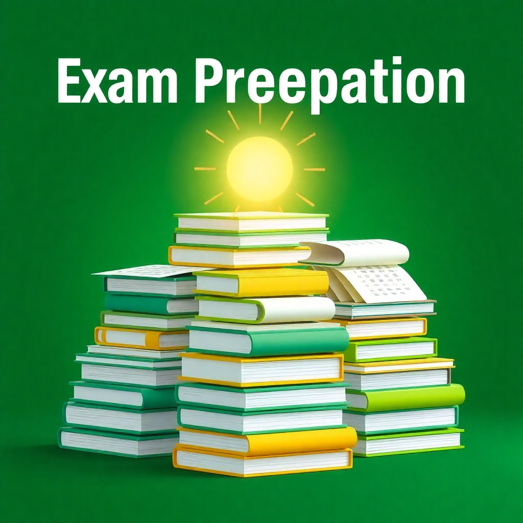 A stylized image representing exam preparation. Stacks of books and test papers are arranged in a pyramid shape, with a glowing light at the top symbolizing success. The color palette is predominantly green and yellow, representing growth and achievement. The composition is symmetrical and balanced. 4K resolution, high quality.