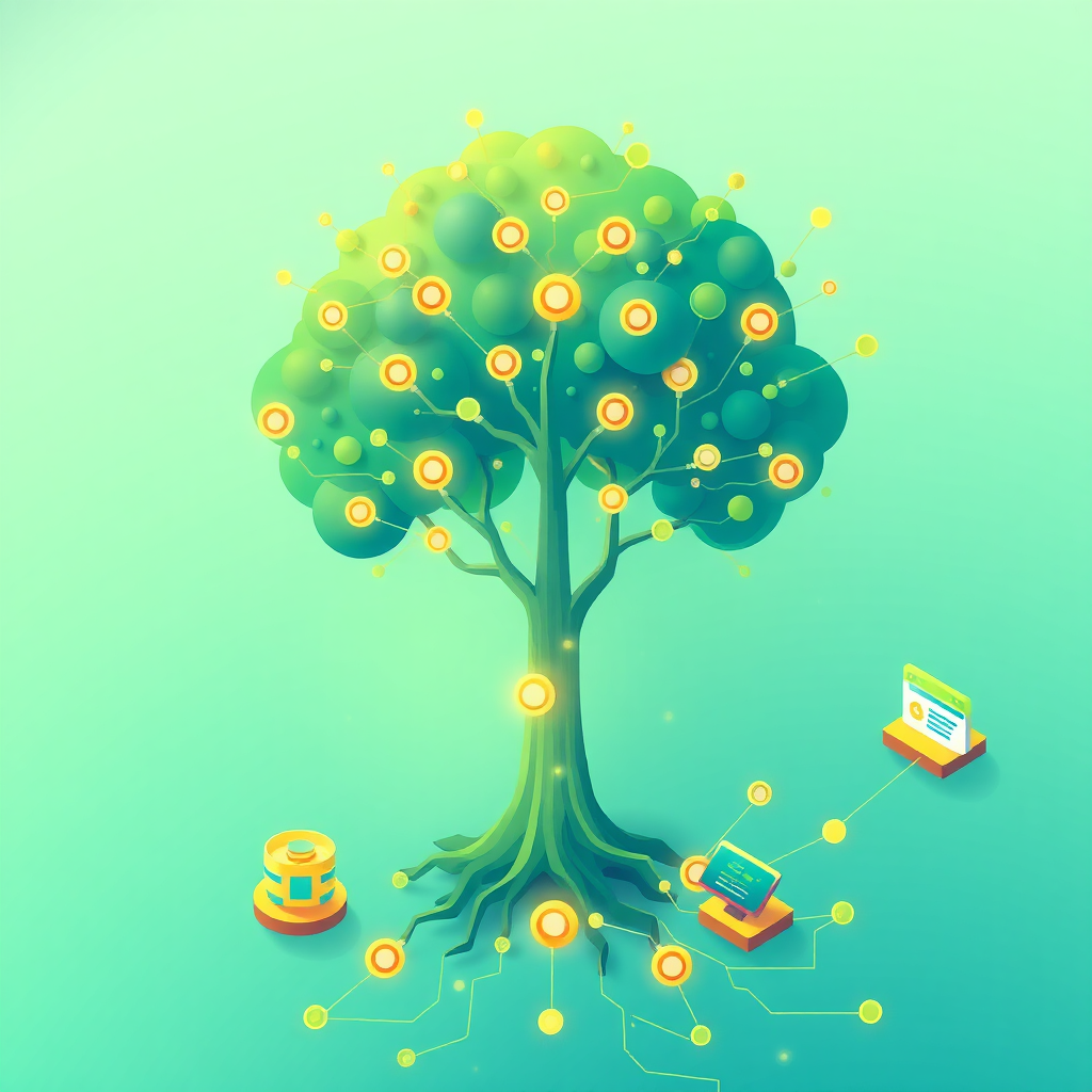 A stylized image representing Robo Bayya's mission of empowering businesses with AI. The scene depicts a stylized, interconnected network of digital nodes flowing into a blossoming tree, symbolizing growth and connectivity. The roots of the tree are connected to AI chatbots and landing pages, shown as miniature structures emitting light. The color palette should be vibrant and optimistic, with greens and blues dominating, and accents of gold to represent value. The composition should be balanced and visually appealing, with a sense of flow and momentum. The lighting should be soft and diffused, creating a sense of accessibility and ease of use. The style should be modern and clean, with a touch of abstract art. The camera angle is slightly overhead, providing a comprehensive view of the entire ecosystem. This image aims to convey the idea that Robo Bayya nurtures and grows businesses through the power of AI. 4K resolution, high quality.