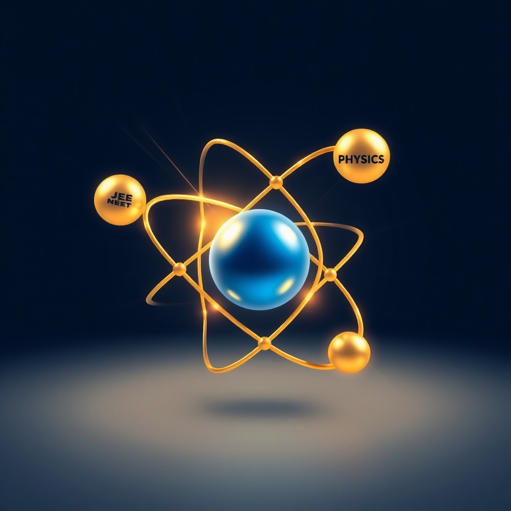 A stylized image representing protonedu.in's mission. The scene features a stylized atom model with glowing electrons orbiting a central nucleus representing knowledge. Each electron is labeled with 'JEE', 'NEET', 'BITSAT', and 'Physics'. Rays of light emanate from the nucleus, symbolizing academic success and enlightenment. The color palette is predominantly blue and gold, creating a sense of trust and sophistication. The background is a subtle gradient, blending from dark to light. Style: Modern, abstract, and aspirational. 4K resolution, high quality rendering.