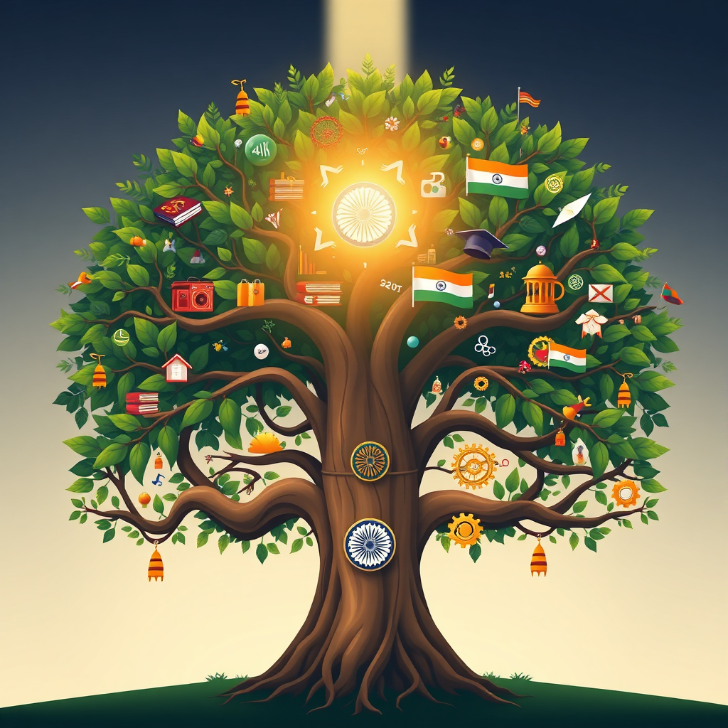 A stylized image representing the holistic nature of Hindu Mathi Coaching. Depict a large, stylized banyan tree with roots representing foundational education (1st class) and branches reaching towards the sky, symbolizing higher education (PhD), career paths, and national service. The tree is filled with symbols of learning (books, graduation caps) and progress (gears, Indian flag). The light source is from above, illuminating the tree and casting a warm glow. The color palette should be earthy and vibrant, incorporating greens, golds, and the colors of the Indian flag. The camera angle is wide, capturing the entire tree and its symbolic representation. High quality rendering, 4K resolution.