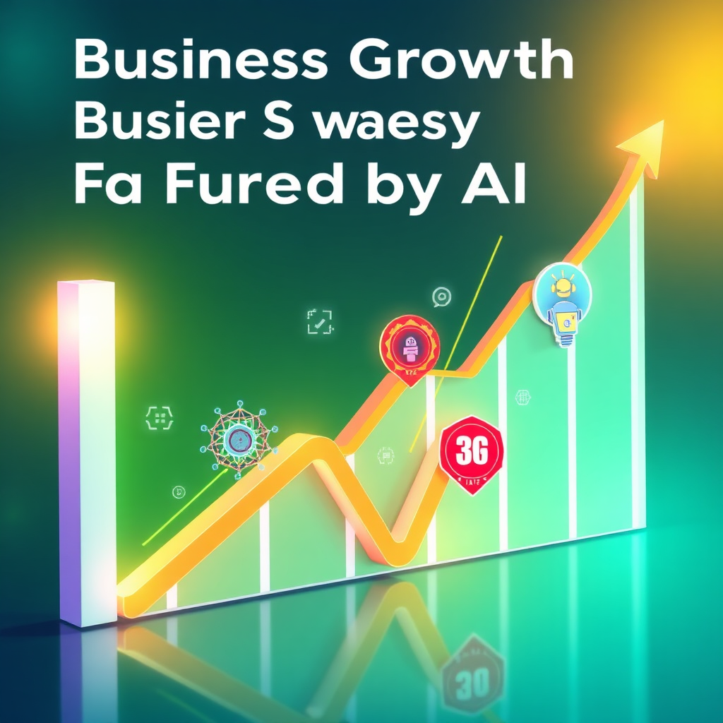 A stylized image representing business growth fueled by AI. The scene depicts a graph trending upwards with AI icons (e.g., neural networks, chatbots) embedded within the graph lines, symbolizing AI driving the growth. The color palette should be vibrant, with greens and blues dominating, and a touch of orange to signify energy and momentum. The lighting should be dynamic, highlighting the upward trajectory of the graph. The style should be modern and futuristic, conveying a sense of progress and innovation.