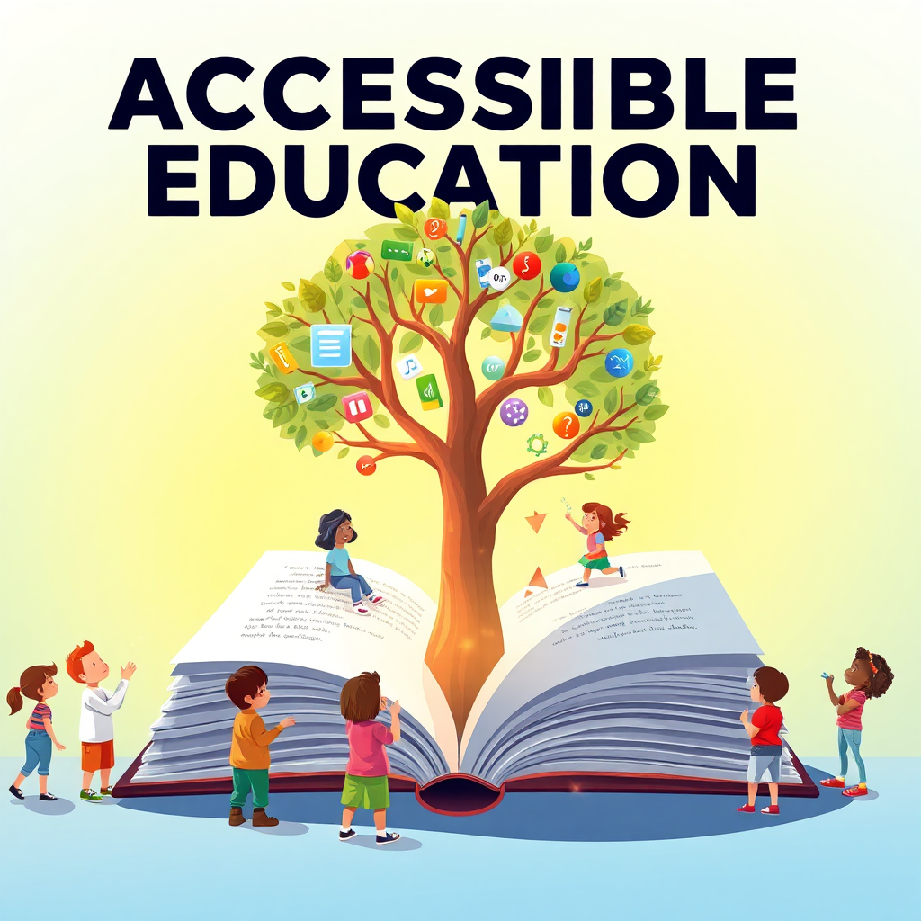 A stylized image representing the concept of accessible education. Imagine an open book transforming into a vibrant tree, with each branch representing a different subject (math, science, language arts). Children of diverse backgrounds are gathered around the tree, reaching for the knowledge it offers. The background is a soft gradient of blue and green, symbolizing growth and learning. The lighting is warm and inviting, creating a sense of wonder and discovery. Use a color palette of bright, cheerful colors to represent the joy of learning. Style is illustrative and slightly whimsical, reminiscent of children's book illustrations. 4K resolution, high quality.