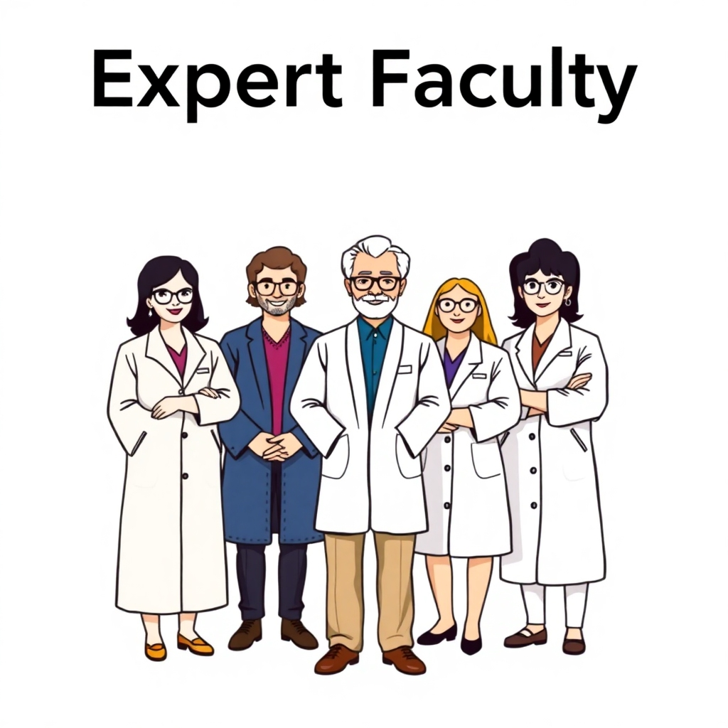 A stylized image representing expert faculty support. A group of physics professors are depicted standing together, symbolizing knowledge and experience. The composition is professional and trustworthy. 4K resolution, high quality.