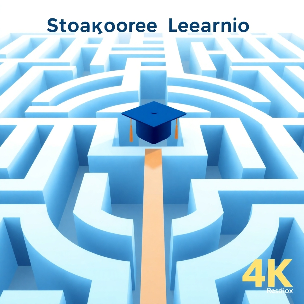 A stylized image representing strategic learning. A maze is depicted with different paths leading to a central goal, symbolized by a graduation cap. One path is highlighted, representing the optimized learning approach. The color palette is predominantly blue and white, representing clarity and precision. 4K resolution, high quality.