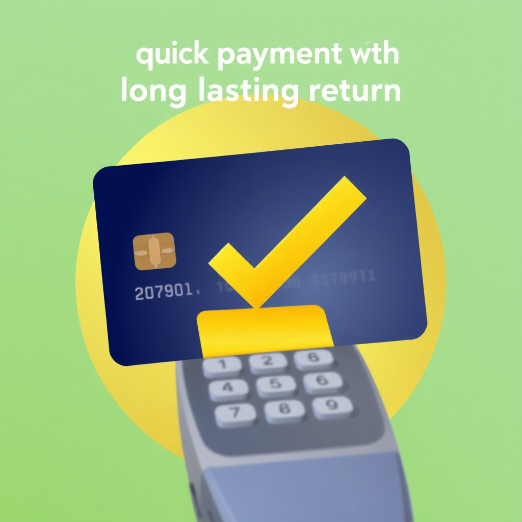 A stylized image showcasing a checkmark overlapping a credit card that is being swiped on a card reader. The background is a solid color gradient transitioning from light green to gold. The overall visual should convey the idea of quick payment with long lasting return. 4K resolution.