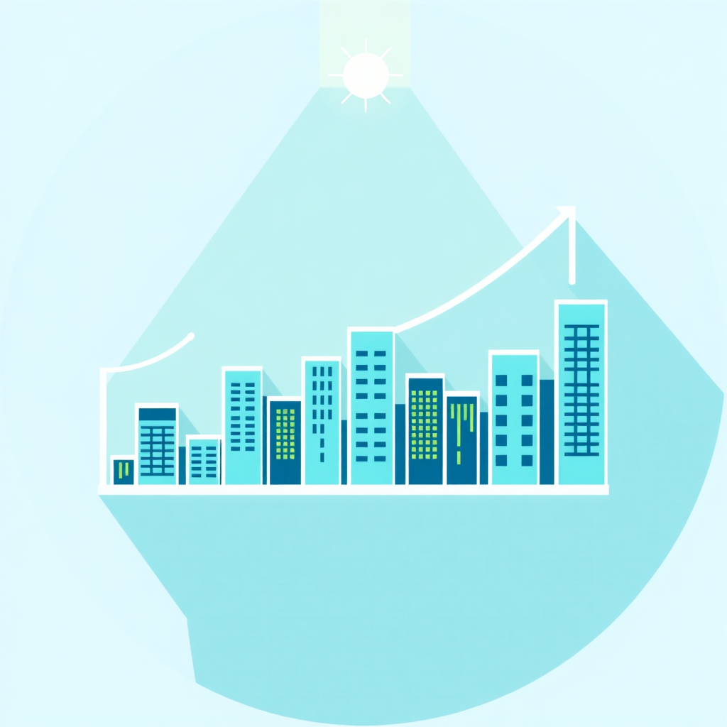 A stylized, top-down view of a growth chart that resembles a city skyline. Buildings represent increasing revenue and success. A light source shines from the top, illuminating the chart. The style is minimalist and modern, using geometric shapes and lines to create a sense of order and progress. The color palette consists of shades of blue and green, symbolizing growth and stability. The overall composition aims to convey the idea of strategic growth and financial success.