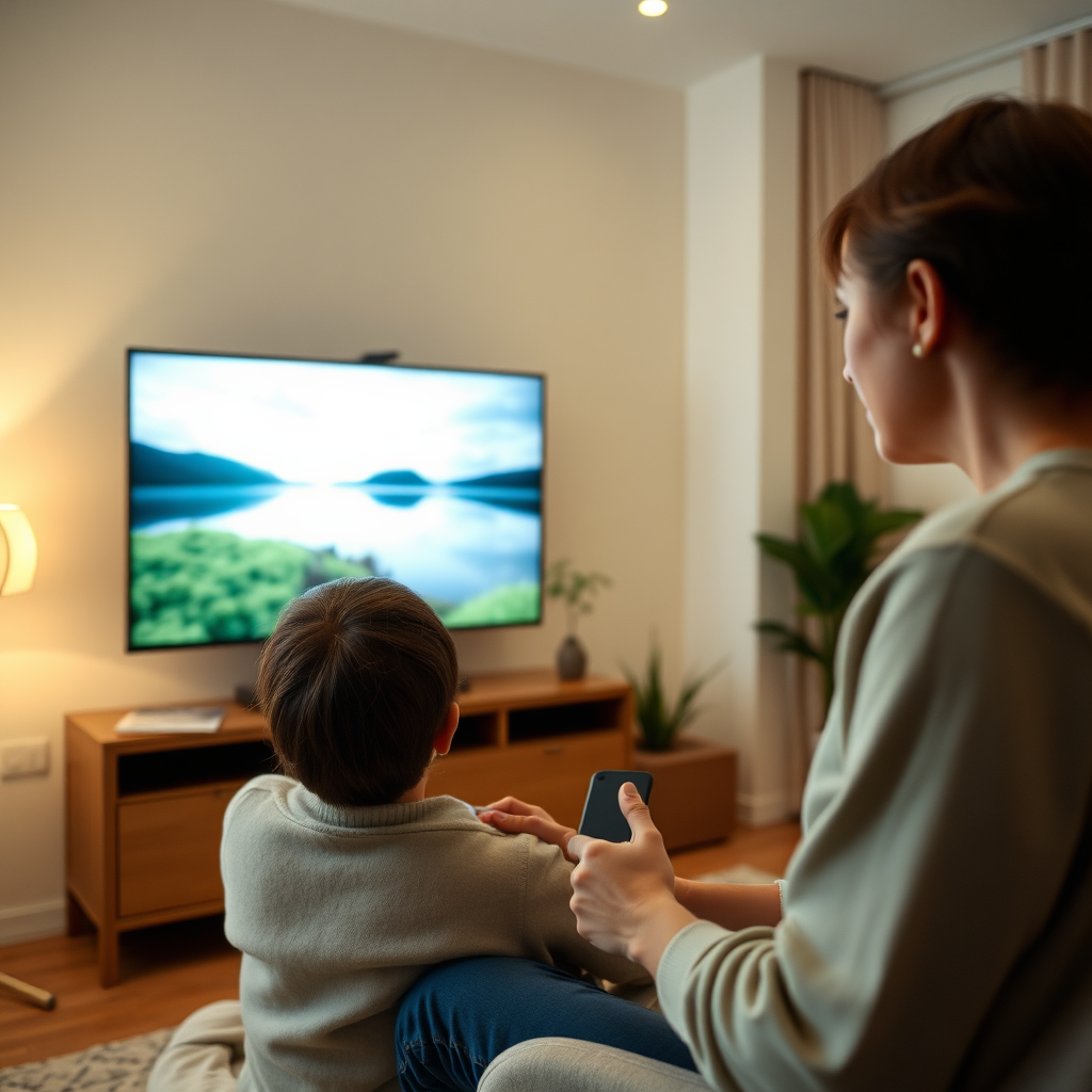 A therapist using a slideshow of serene nature scenes to encourage relaxation and emotional expression in a patient. The setting is a softly lit, comfortable therapy room. Focus should be on the calming atmosphere and the patient's engagement with the images. Lighting should be gentle and diffused. Color palette: Soothing blues and greens. Camera angle: Medium shot, showing both the therapist and the patient. Style reference: Humanistic psychology, empathetic counseling. Technical specs: 4K, High quality.