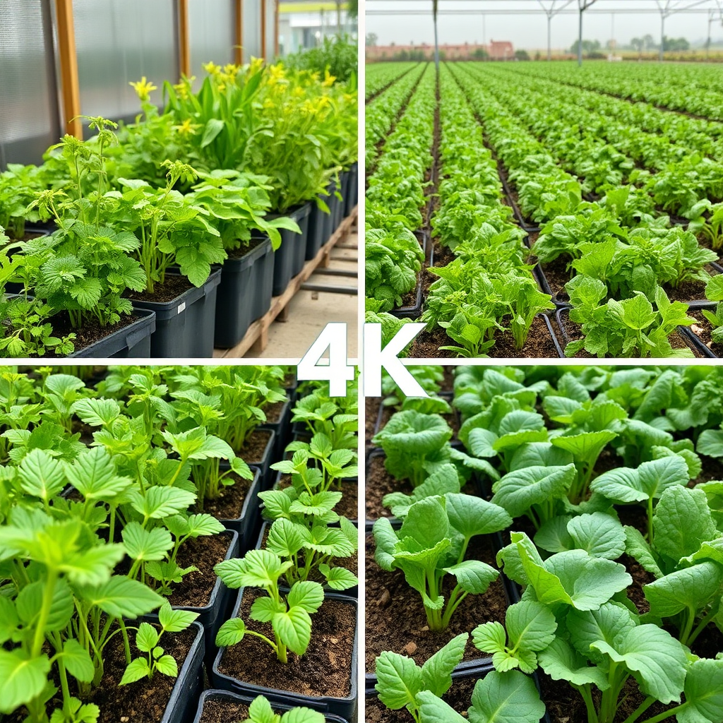 A variety of plants and crops thriving in different settings – from small potted herbs to rows of vegetables on a farm – all nurtured with organic fertilizers. Natural, balanced light. 4K resolution.