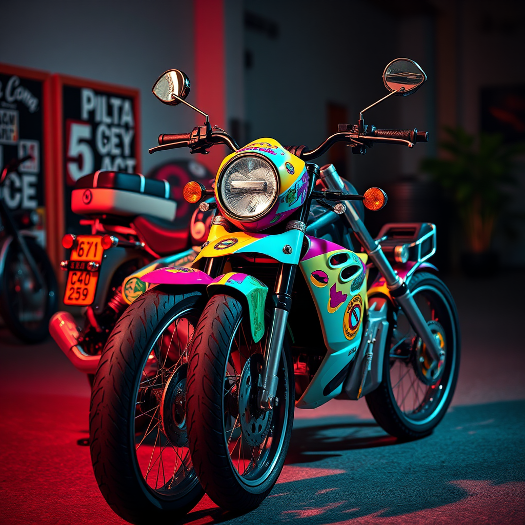 A vibrant and creative image showcasing a customized cycle with unique paint job and accessories. The cycle is parked in a stylish setting, with eye-catching details. The lighting should be dramatic and colorful, highlighting the unique features of the cycle. Focus on capturing the creativity and individuality of the customization. The camera angle should be dynamic and expressive, showcasing the cycle from different perspectives. The overall style should be artistic and inspiring, conveying the possibilities of cycle customization.