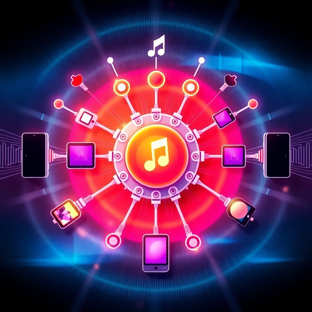 A vibrant and dynamic image representing a central music hub, with various connections to different devices and platforms. Sound waves radiate outwards, symbolizing the flow of music. Bright and energetic colors. Style: Modern and tech-focused. Technical specs: High quality, stylized.
