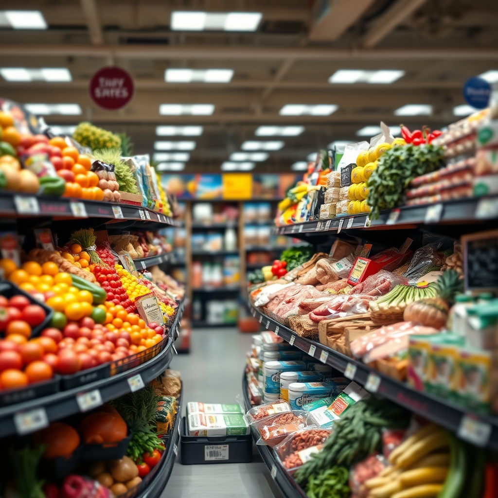 A vibrant and organized display of a diverse range of grocery items – fruits, vegetables, meat, poultry, and dairy products – arranged neatly on shelves. Bright, evenly distributed lighting to showcase the variety. The background is a blurred supermarket aisle.