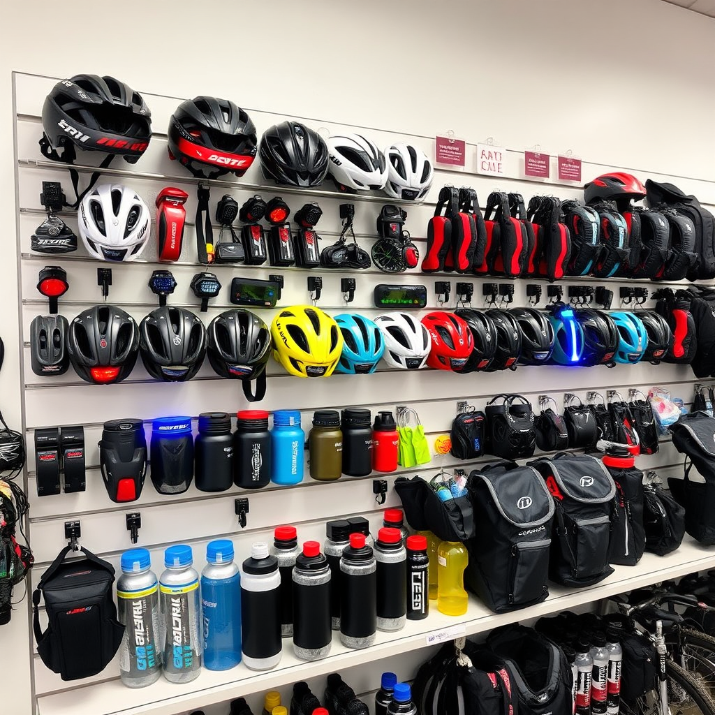 A vibrant display of cycling accessories, including helmets, lights, locks, panniers, and water bottles, neatly arranged on shelves. The accessories are of different colors, sizes, and styles, catering to diverse customer preferences. The lighting should be bright and even, highlighting the quality and functionality of the accessories. Focus on capturing the details of the individual items. The camera angle should be slightly high, showcasing the variety of accessories available. The overall style should be organized and appealing, encouraging customers to browse and purchase.
