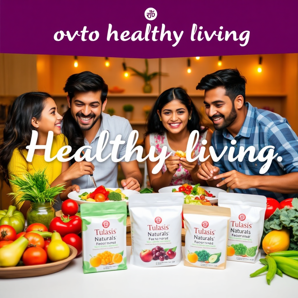 A vibrant image of a family enjoying a healthy meal made with Tulasi Naturals products. The scene includes a variety of fresh fruits, vegetables, and other organic ingredients. The family is smiling and engaged, radiating happiness and well-being. The lighting is warm and inviting, emphasizing the joy of healthy living. The style is cheerful and aspirational.