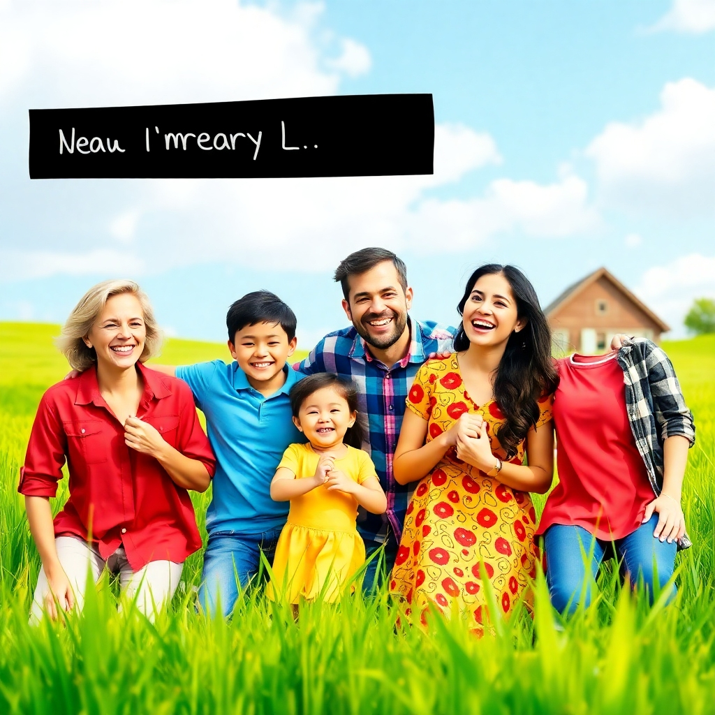 A vibrant image of a family happily enjoying their newly purchased land. It should use bright colors and happy expressions to show satisfaction.