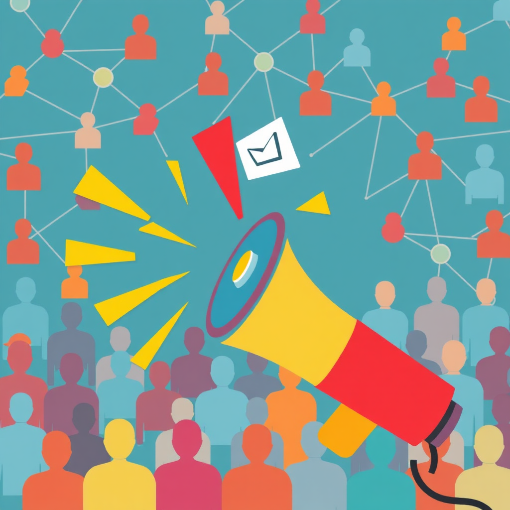A vibrant, stylized image showing a megaphone blasting out announcements that transform into leads. The background is a network of interconnected people symbolizing a connected community. The colors are bright and attention-grabbing, meant to evoke excitement and action.