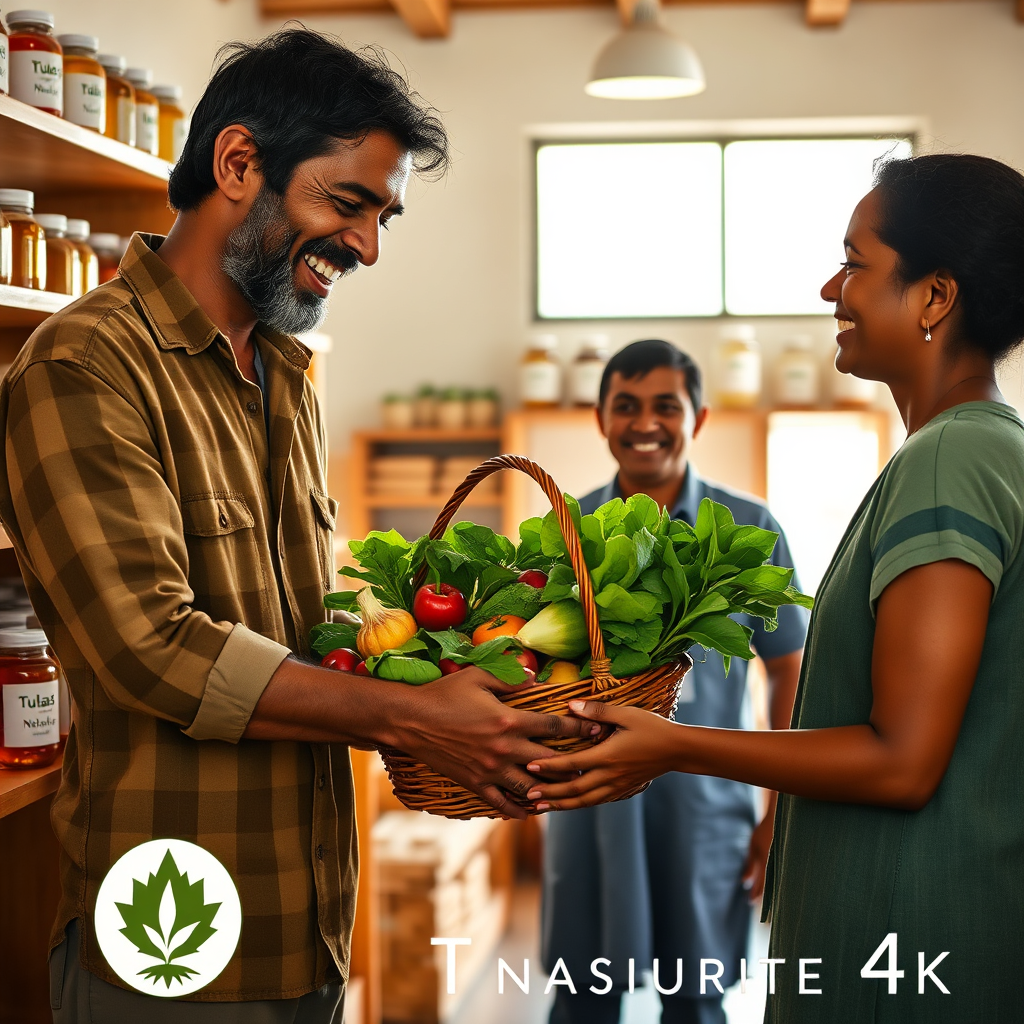 A warm and inviting 4K image depicting the heart of Tulasi Naturals. The scene features a smiling farmer gently handing a basket of freshly harvested organic vegetables to a happy customer. The backdrop showcases a clean and well-organized store interior with wooden shelves stocked with Tulasi Naturals' products: honey, cold-pressed oils, and millets. Soft, natural lighting fills the space, creating a sense of trust and authenticity. The composition should convey the direct connection between the farm and the customer, highlighting the purity and quality of the offerings. The style is realistic with a touch of warmth, emphasizing the company's commitment to healthy living and sustainable practices. Details should include the textures of the vegetables, the gleam of the honey, and the genuine smiles of the people involved.
