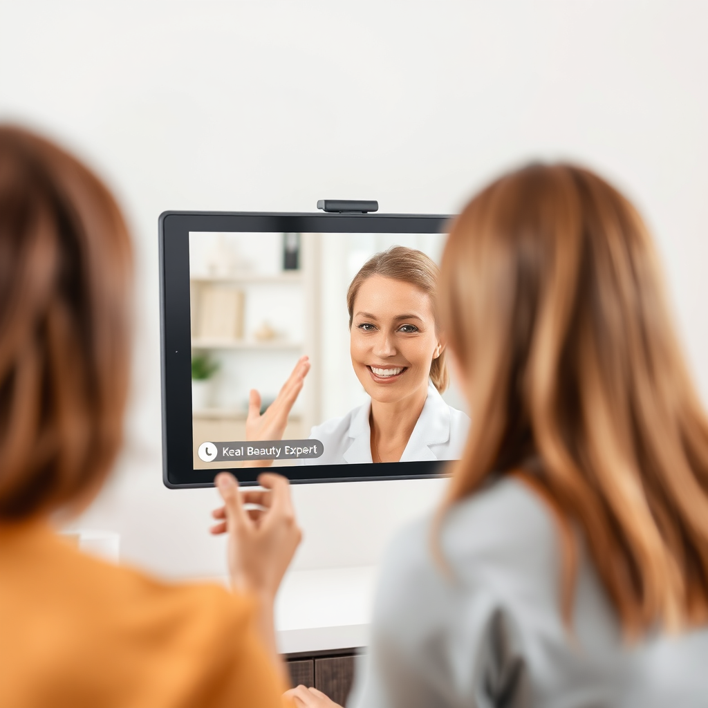 A warm and inviting image of a customer chatting with a friendly beauty expert via video call. The expert is offering personalized advice and guidance. The background is clean and professional, conveying trust and reliability. The image emphasizes the human touch and personalized support.