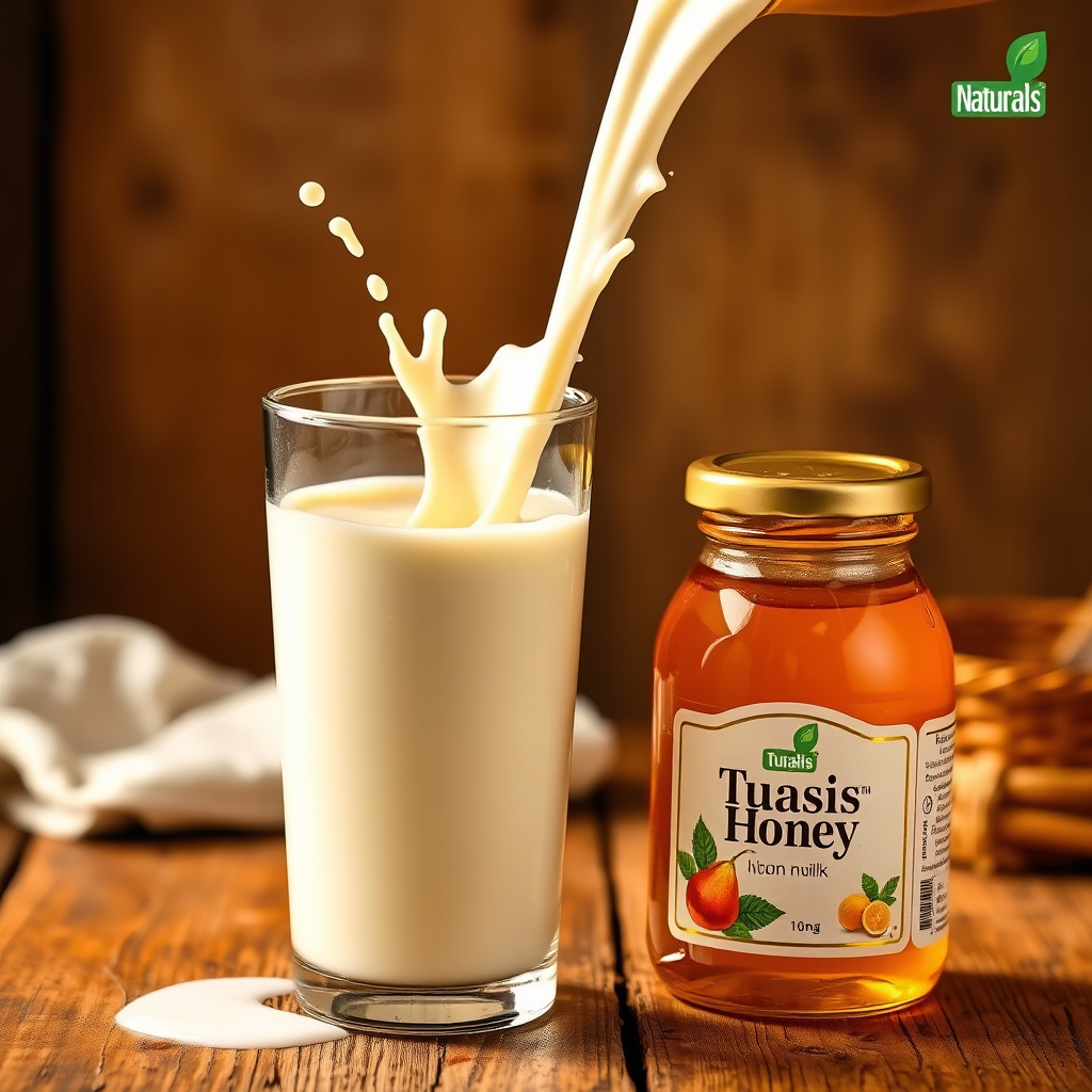 A warm, inviting image showcasing a glass of creamy desi cow milk and a jar of golden honey. The milk is being poured, creating a dynamic splash. The honey jar is labelled with 'Tulasi Naturals'. The background features a rustic wooden table and a hint of a countryside scene. The lighting is soft and golden, highlighting the richness and purity of the products. The style is natural and wholesome, conveying the goodness of traditional foods.