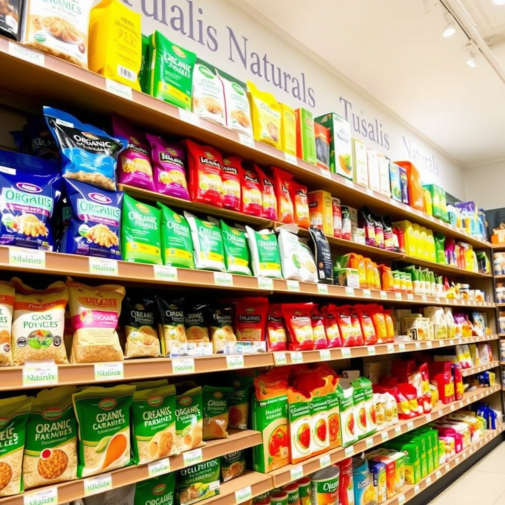 A well-stocked shelf in the Tulasi Naturals store, featuring a variety of organic grocery items. The shelf is neatly organized with colorful packaging and clear labels. The items include organic grains, pulses, spices, and other essentials. The lighting is bright and inviting, creating a sense of abundance and choice. The style is clean and modern, emphasizing the convenience and quality of the store.