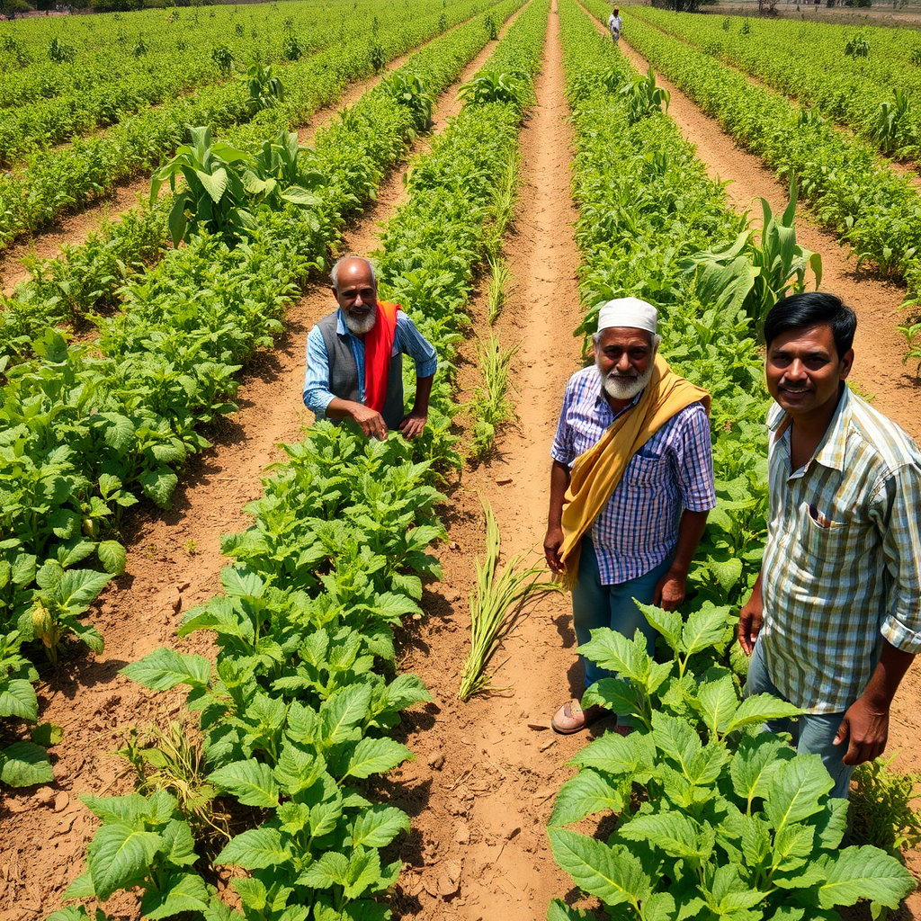 A wide shot of a vibrant, thriving organic farm using Jai Kisan fertilizers, showing healthy crops and happy farmers. The image should convey abundance and vitality. Natural sunlight. 4K resolution.
