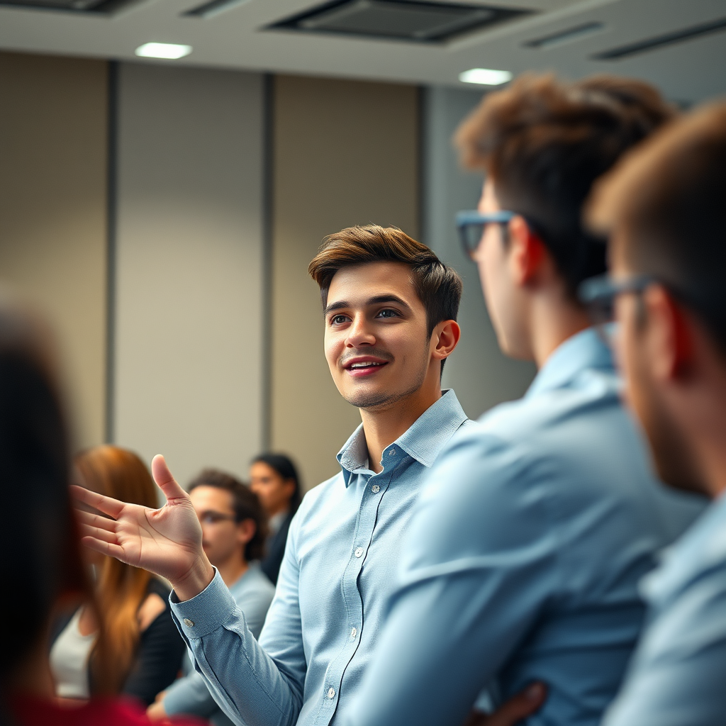 A young leader confidently addressing a group of people. The setting is a professional environment, such as a conference or meeting. The focus is on the leader's charisma and communication skills. Confident, professional lighting, medium shot, 4K resolution.