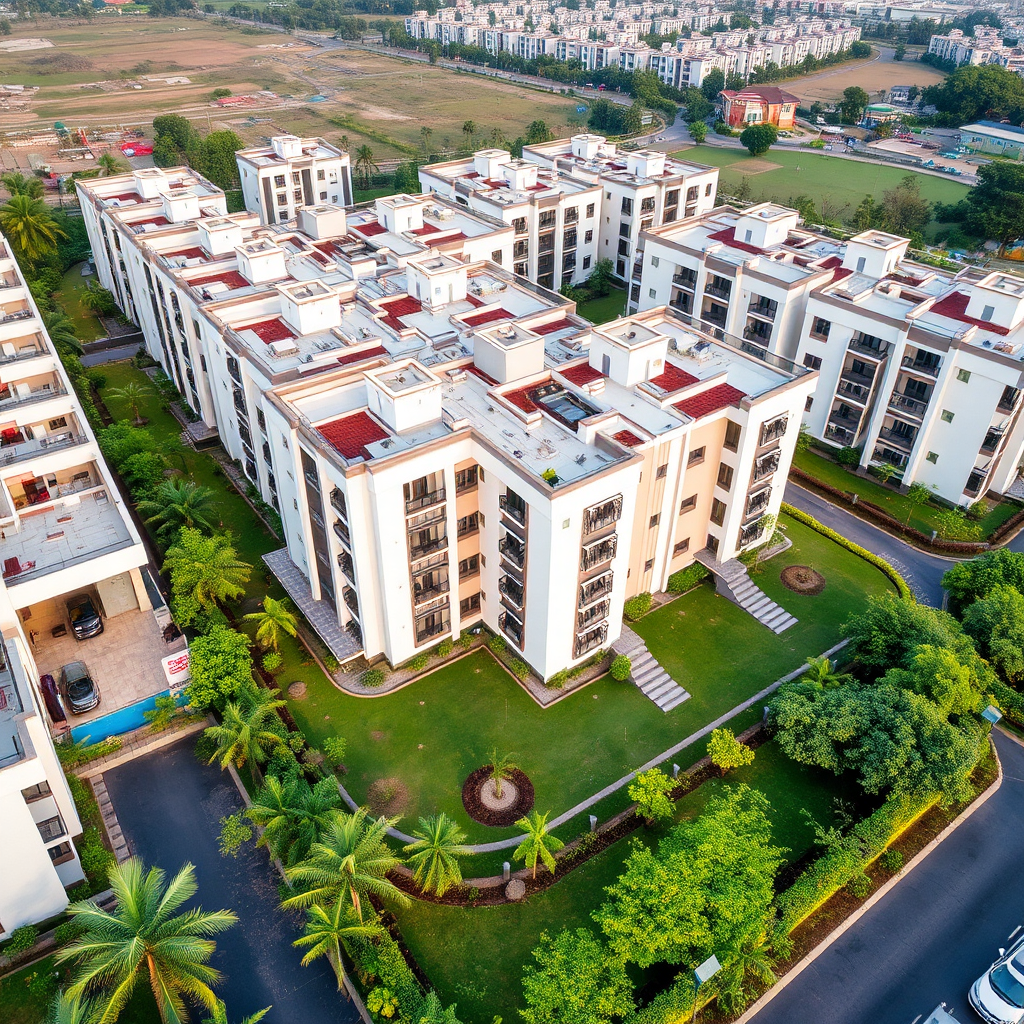 Aerial drone shot of a beautifully completed residential complex in Andhra Pradesh, showcasing modern architecture and landscaping, 4k resolution.