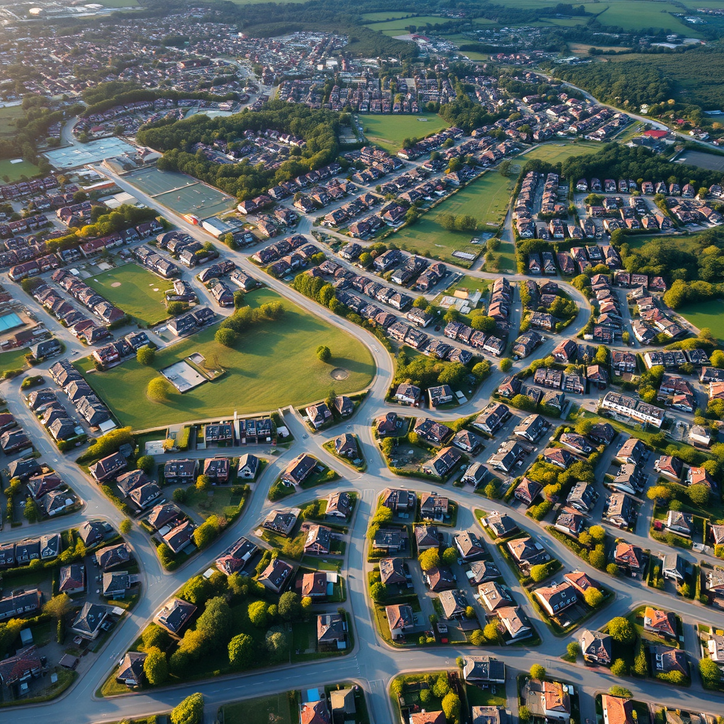 An aerial view of well-developed residential area showing the connectivity to nearby cities. 4K, stylized.