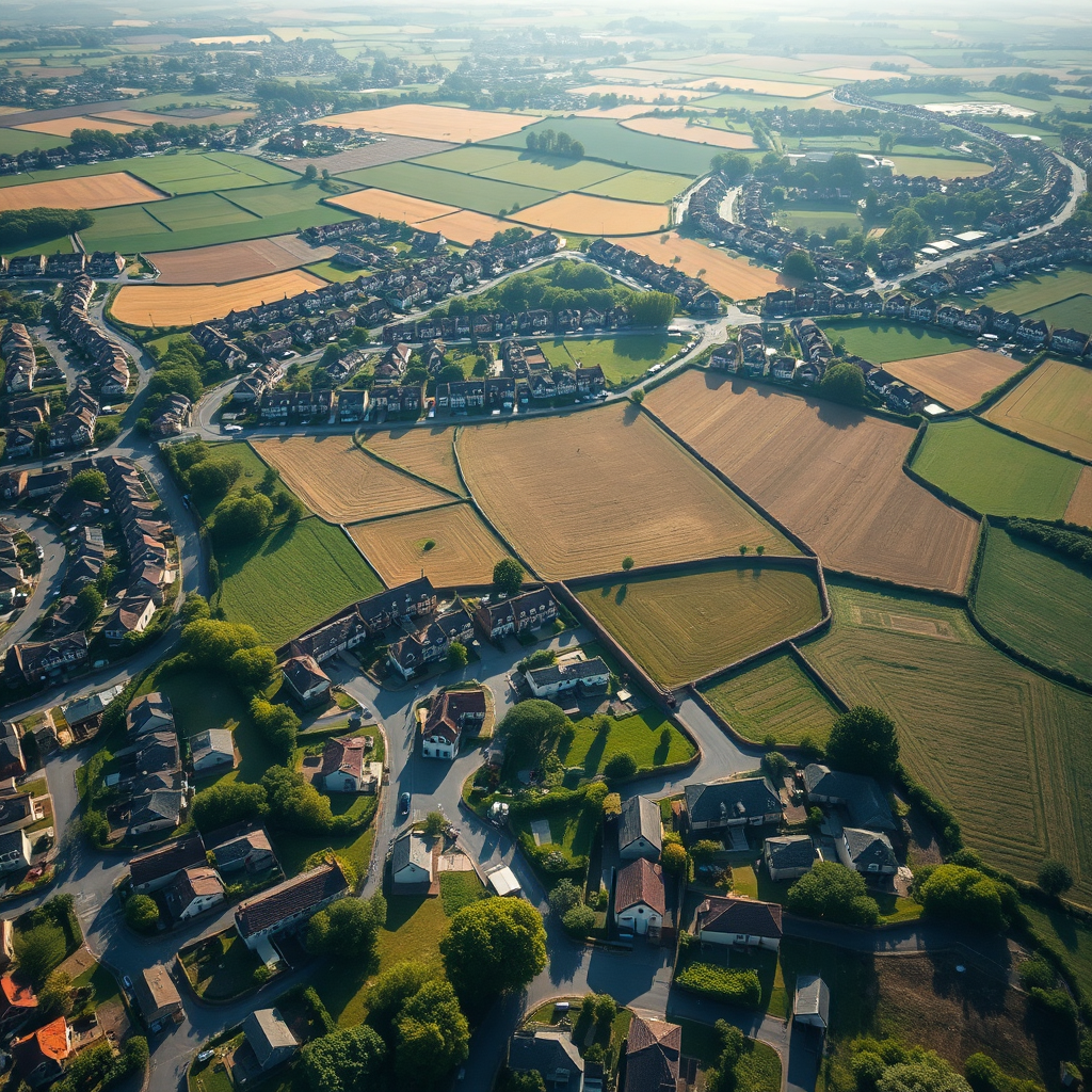 An aerial view showcasing diverse properties - plots, flats, and agricultural land - bathed in sunlight, emphasizing variety and abundance. 4K, photorealistic.