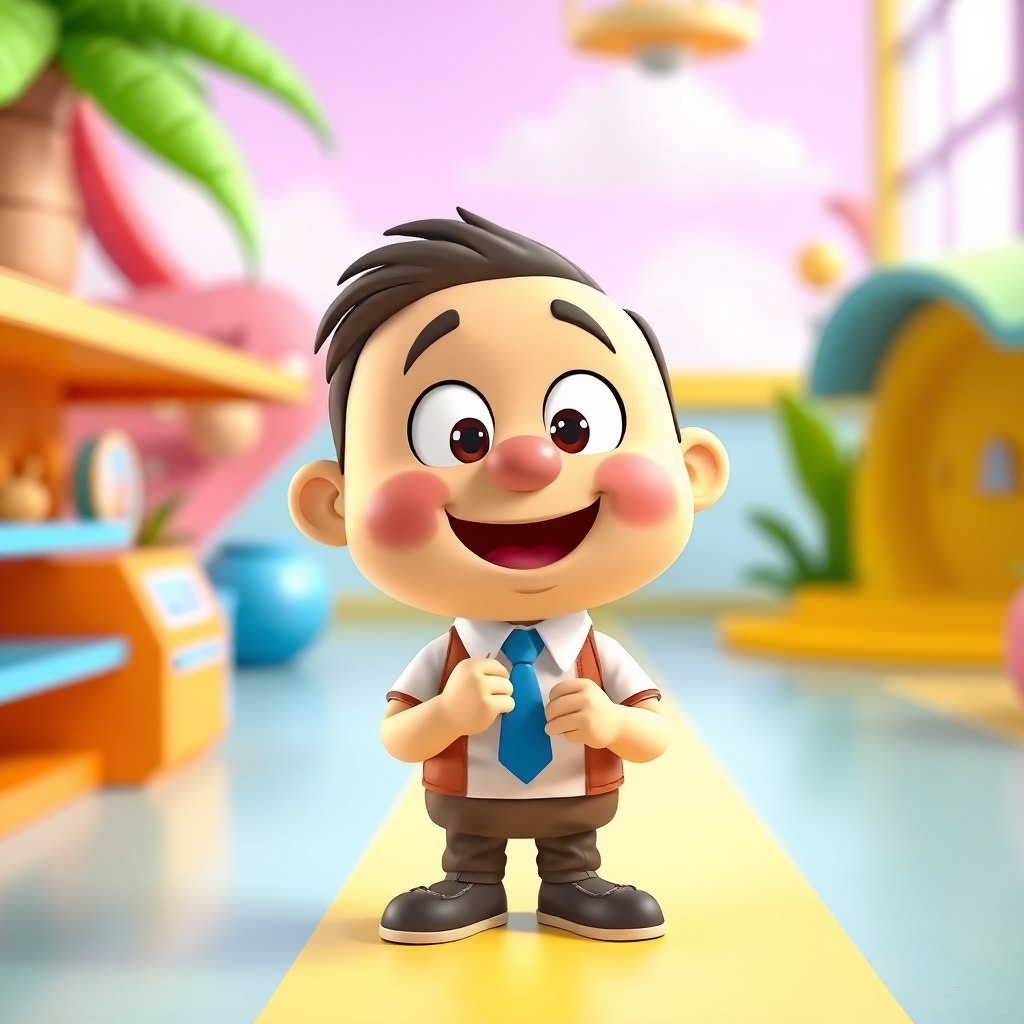 An animated video character teaching a lesson in a brightly colored, playful environment. The character should be friendly and approachable. The background should be dynamic and engaging. Style: Modern cartoon animation, reminiscent of educational videos.