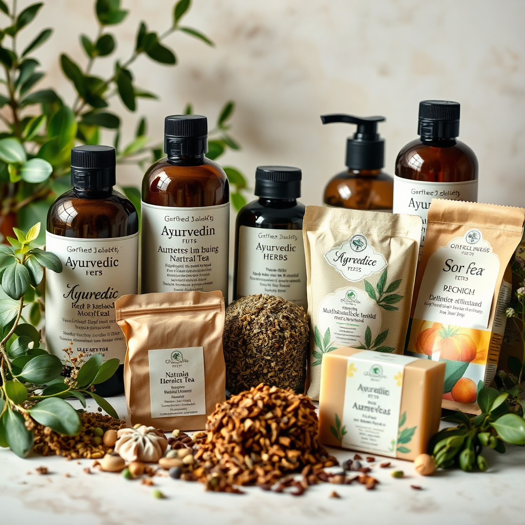 An assortment of herbal products, including Ayurvedic herbs, natural soaps, and herbal teas, arranged in a visually appealing manner. The products are packaged in eco-friendly materials. The background is a soft, natural setting with hints of greenery. The lighting is gentle and calming, emphasizing the natural and therapeutic qualities of the products. The style is holistic and serene.