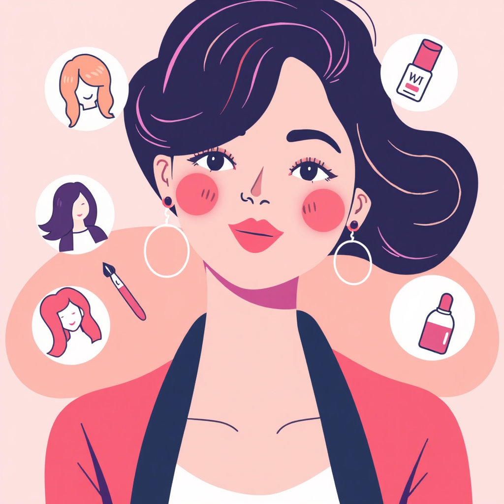 An illustration of a woman surrounded by personalized beauty recommendations tailored to her unique style and features. Icons representing various beauty services, such as hairstyling, makeup, and skincare, float around her. The color palette is vibrant and playful, with shades of pink, purple, and orange. The image conveys the idea of individualized beauty solutions and customized experiences.