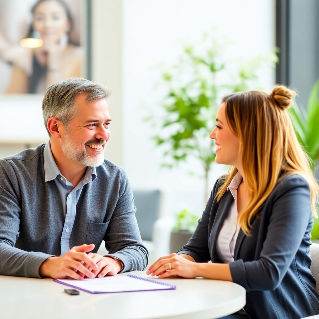 An image depicting a satisfied customer interacting with a friendly property advisor. It should evoke trust and confidence in the company's commitment to excellent service.