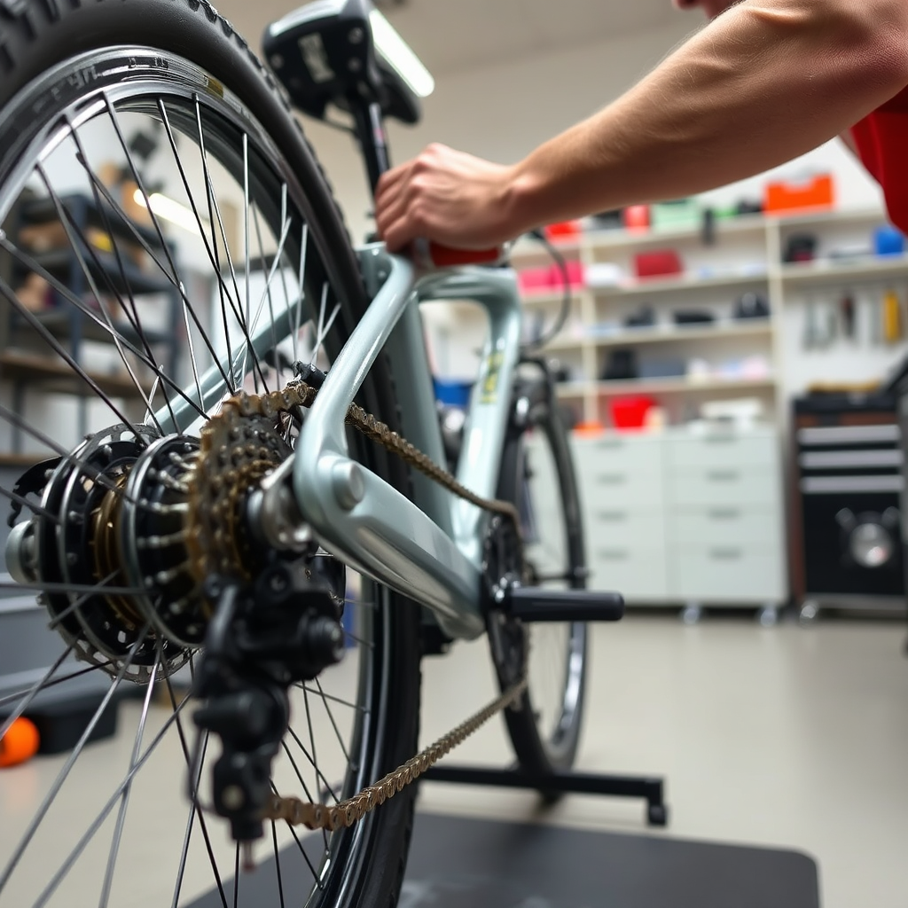 An image of a cycle undergoing a routine maintenance check. The cycle is clean and well-maintained, with all parts in good working order. The background features a clean and organized workshop. The lighting should be soft and even, highlighting the cleanliness and maintenance of the cycle. Focus on capturing the details of the maintenance process, such as lubricating the chain and checking the brakes. The camera angle should be medium, showcasing the cycle and the maintenance being performed. The overall style should be preventative and proactive, conveying the importance of regular maintenance.