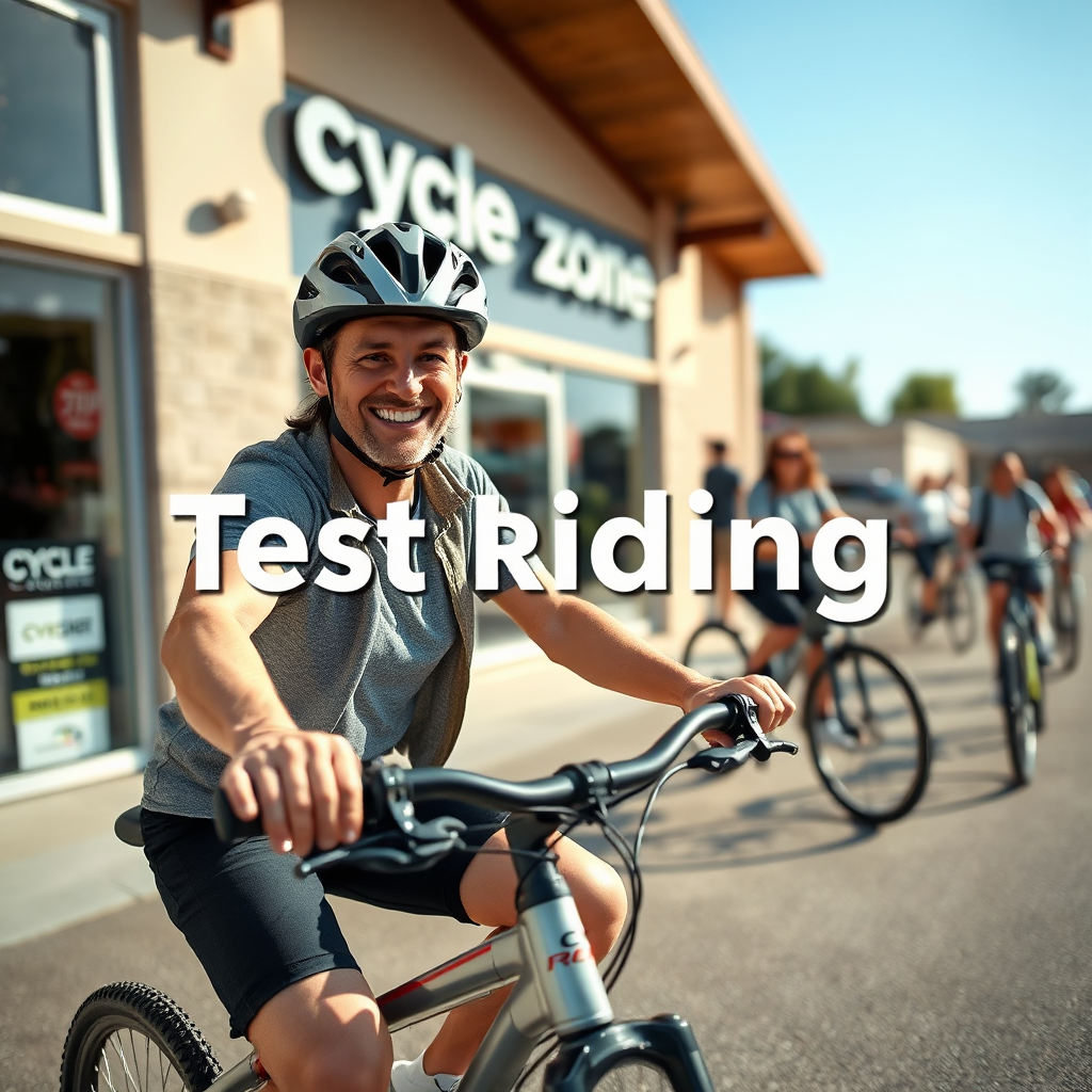 An image showcasing a customer test riding a cycle in a safe, designated area outside of the Cycle Zone store. The customer is wearing a helmet and smiling as they pedal. The background features the store front and other customers watching. The lighting should be natural and sunny, creating a sense of excitement and anticipation. Focus on capturing the customer's expression and the movement of the cycle. The camera angle should be medium, showcasing both the customer and the cycle in the frame. The overall style should be inviting and encouraging, conveying the importance of test riding before making a purchase.